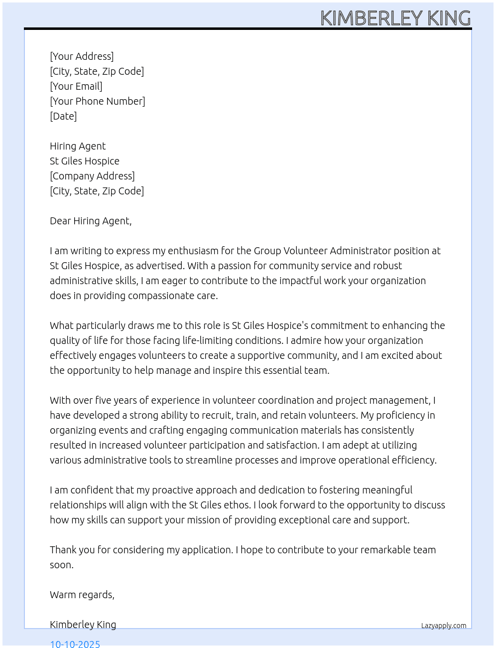 Group Volunteer Administrator At St Giles Hospice Cover Letter