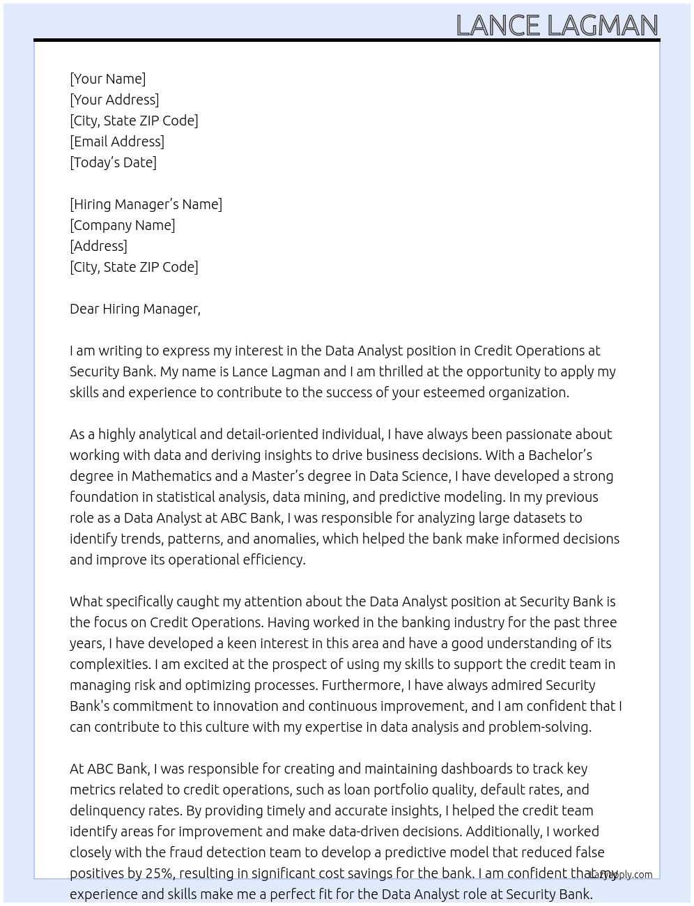 Data Analyst - Credit Operations At Security Bank Cover Letter