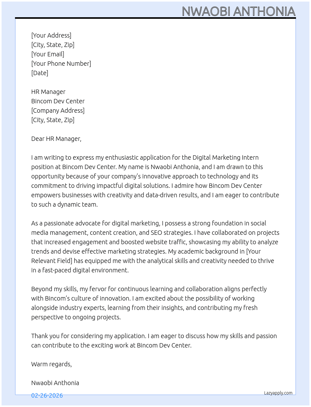 Digital marketing intern At Bincom Dev Center Cover Letter