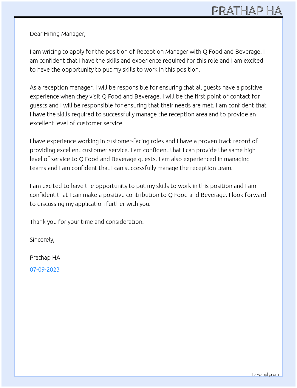Reception manager At Q Food and Beverage  Cover Letter