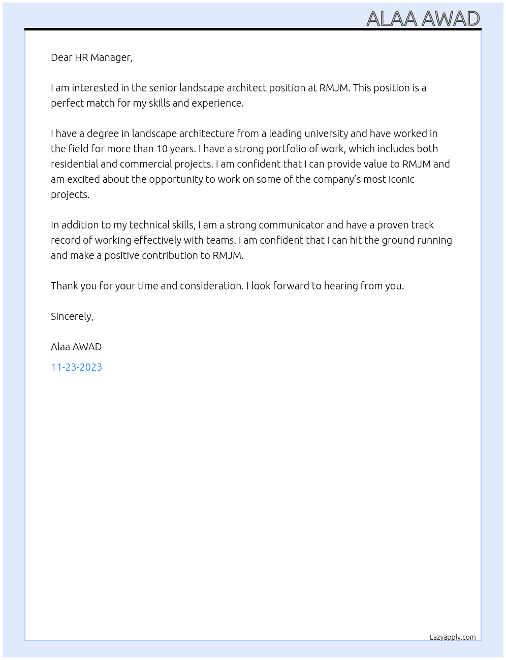 senior landscape architect  At RMJM Cover Letter