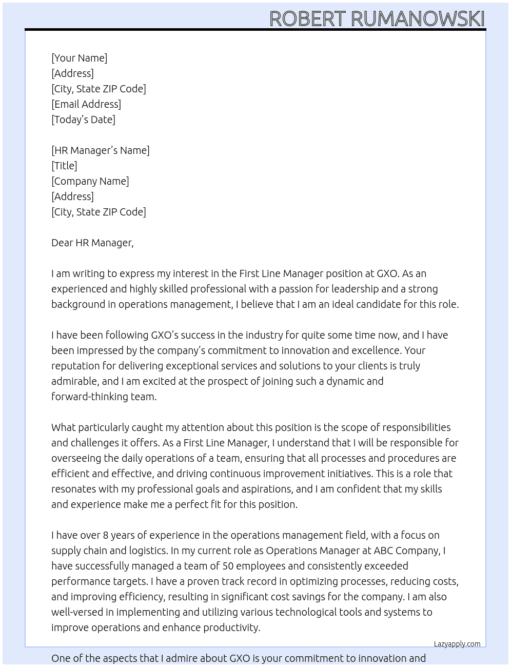 First line manager At GXO Cover Letter