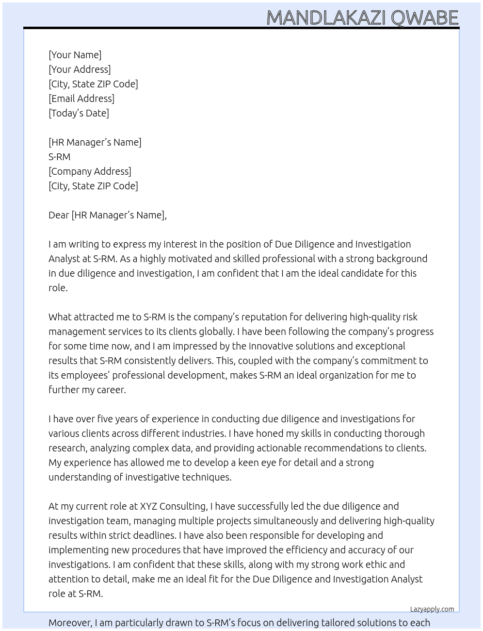 DUE DILIGENCE AND INVESTIGATION ANALYST At S-RM Cover Letter