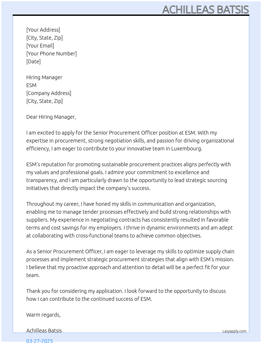 Senior Procurement Officer At ESM Cover Letter