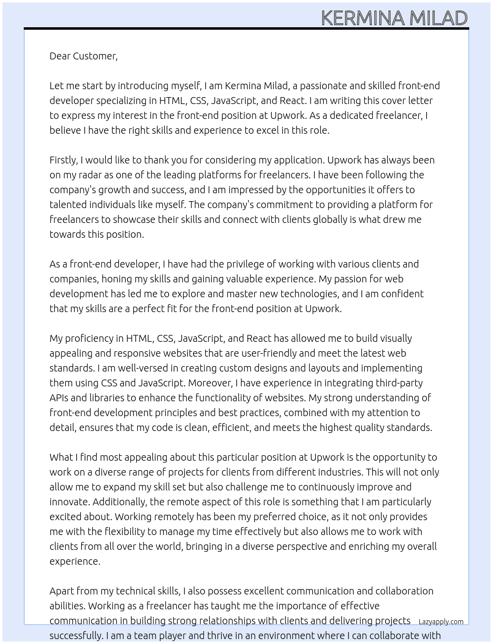 front end At upwork Cover Letter