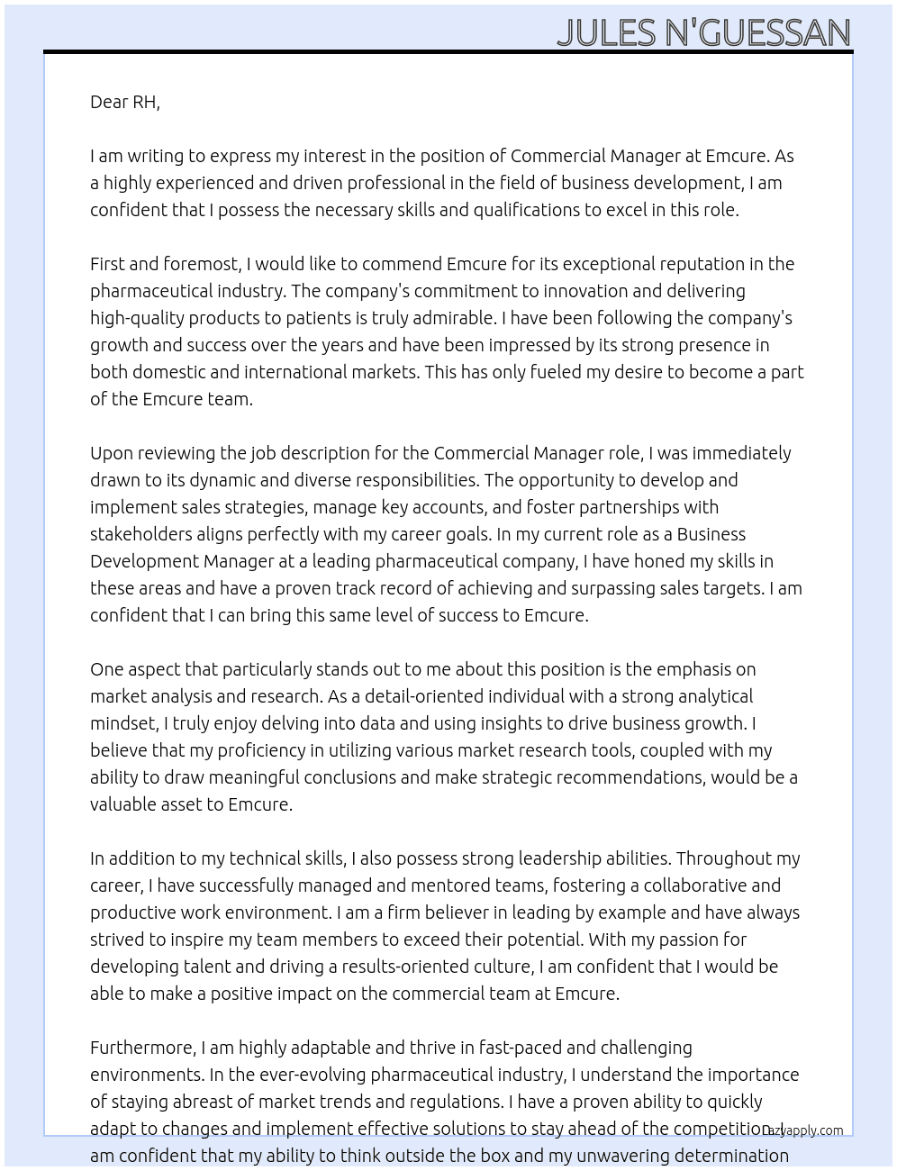 Commercial Manager At Emcure Cover Letter