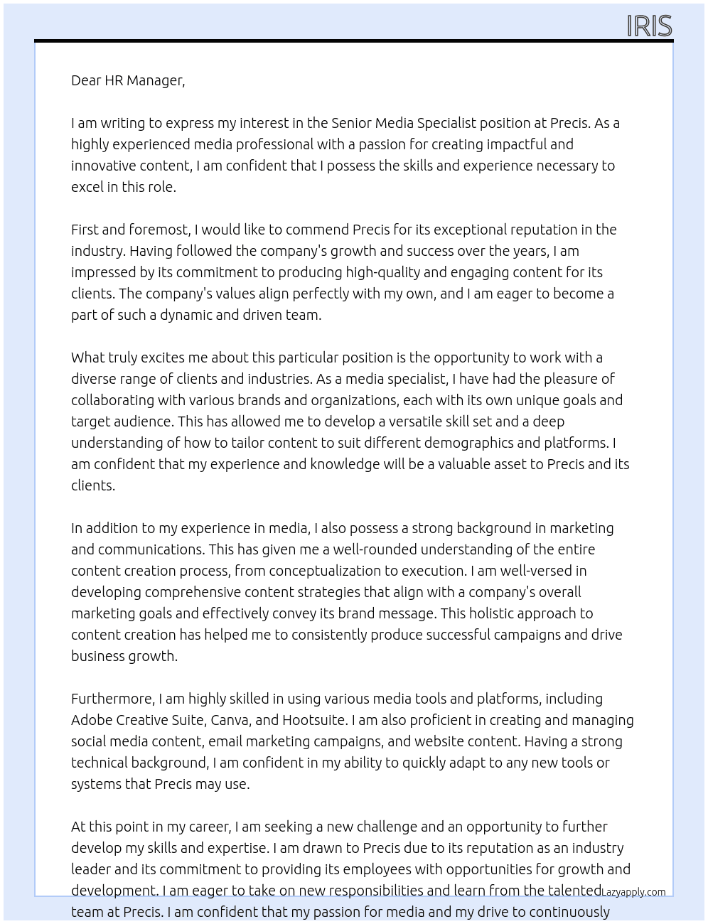 Senior Media Specialist At precis Cover Letter