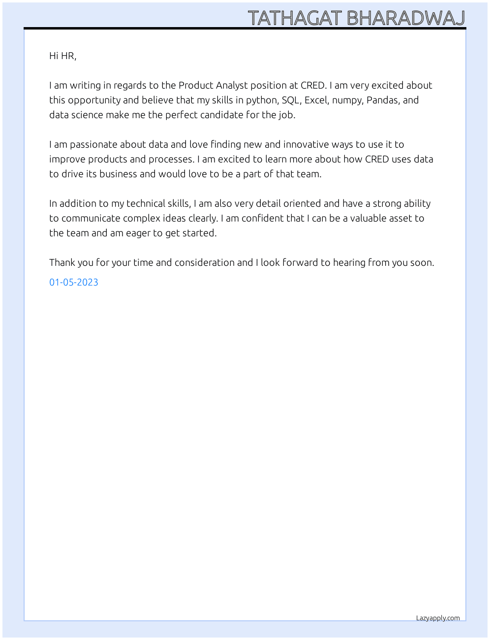 Product Analyst At CRED Cover Letter