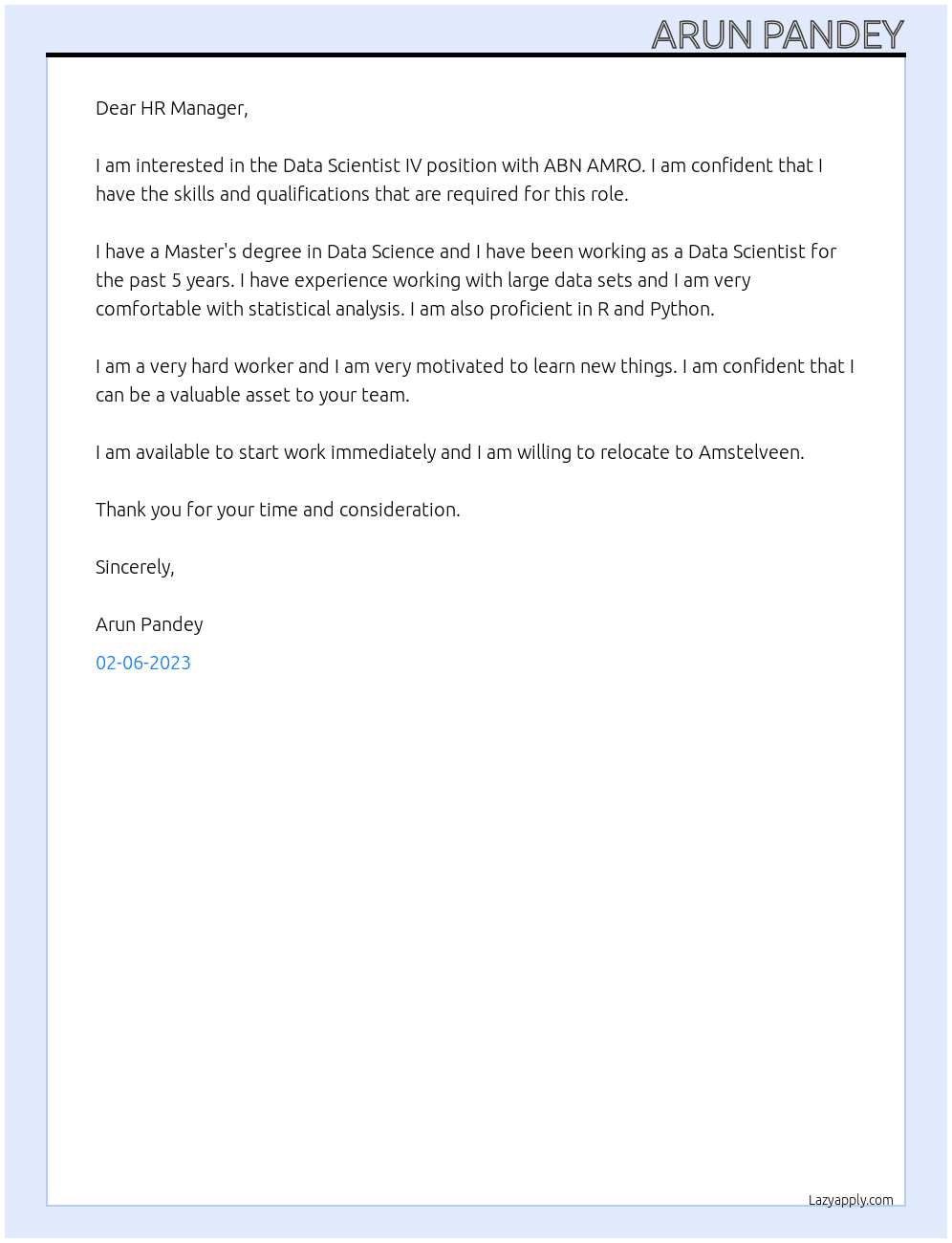 Cover letter for data scientist iv - LazyApply