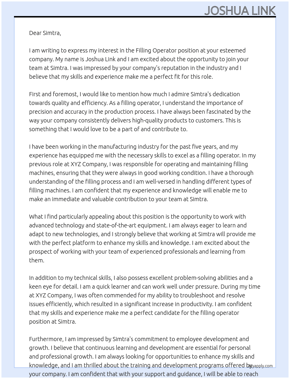 Filling operator  At Simtra  Cover Letter