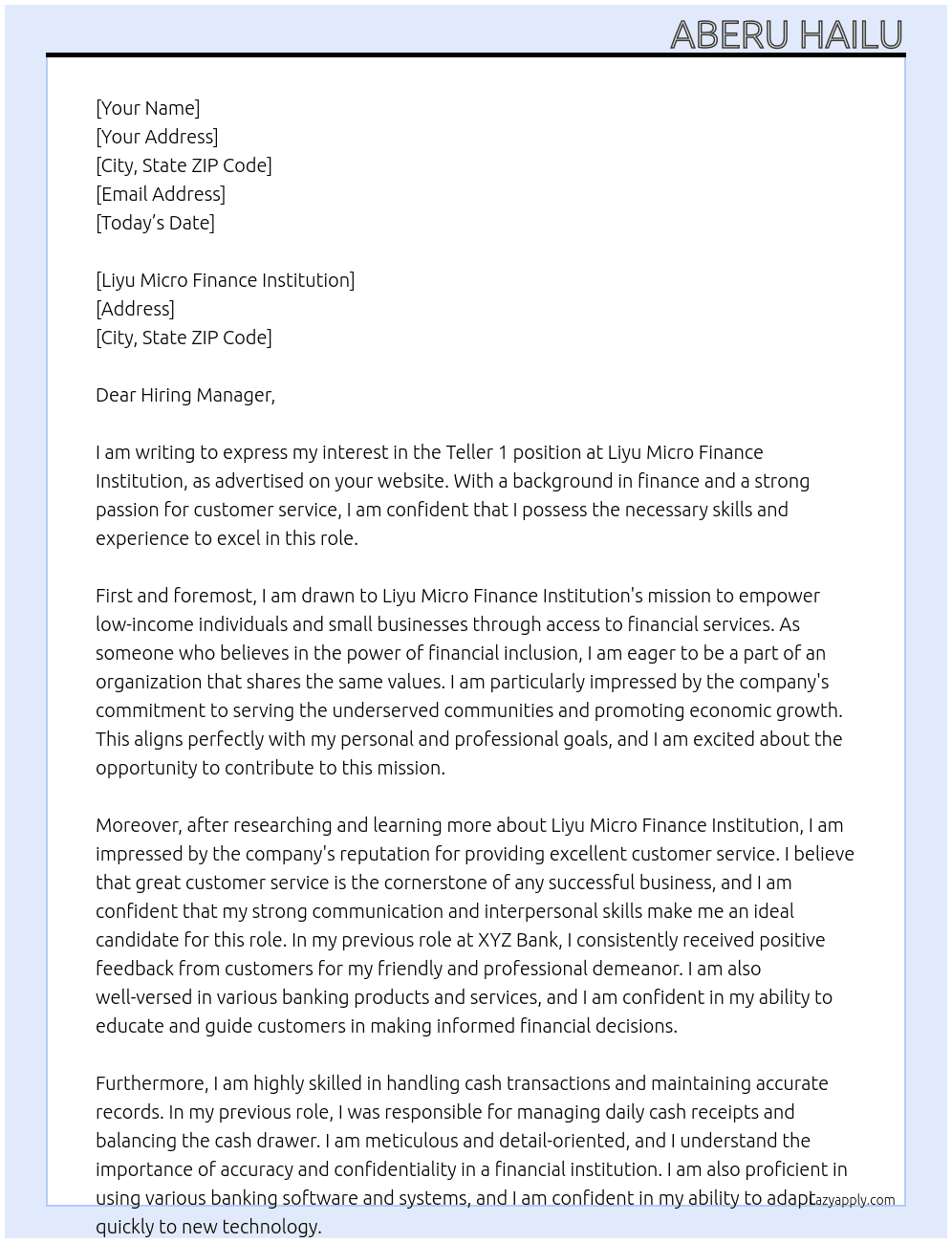 Teller 1 At Liyu Micro Finance Institution Cover Letter
