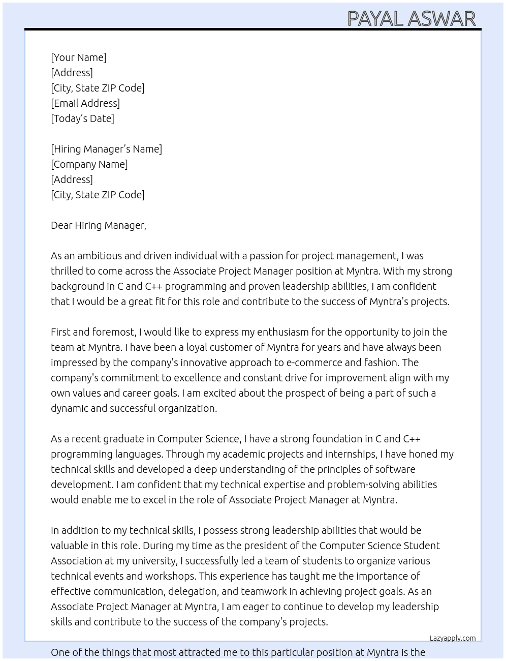 Associate Project Manager  At Myntra  Cover Letter