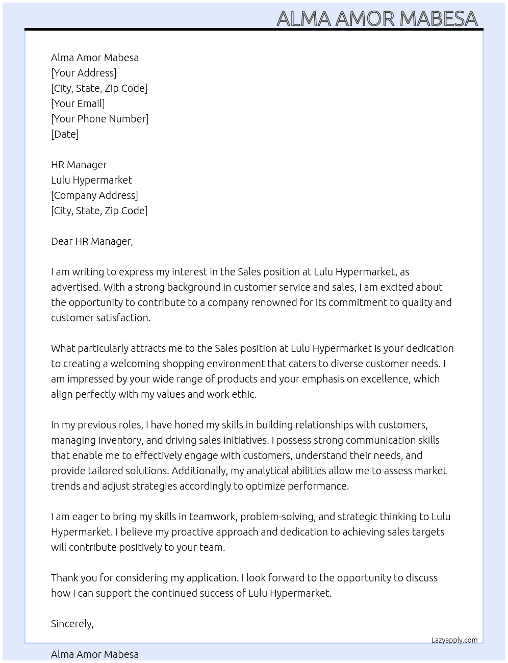 Sales At Lulu hypermarket  Cover Letter