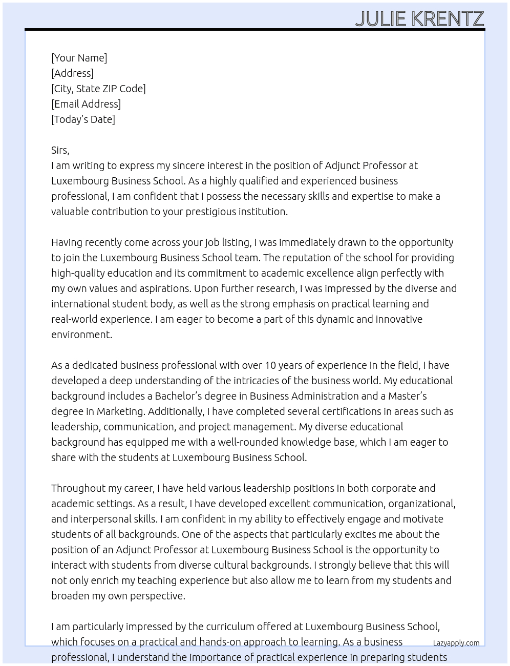 adjunct business school At Luxembourg Business School Cover Letter