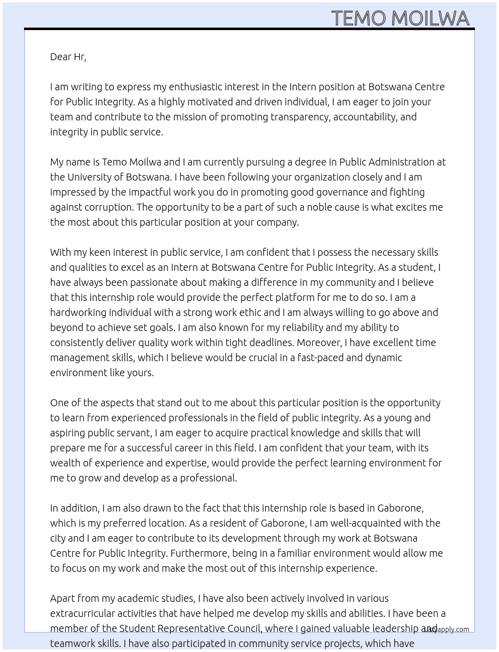 Intern At Botswana Centre for Public Integrity  Cover Letter