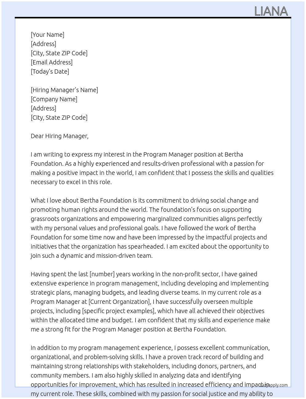 Program manager  At Bertha Foundation Cover Letter