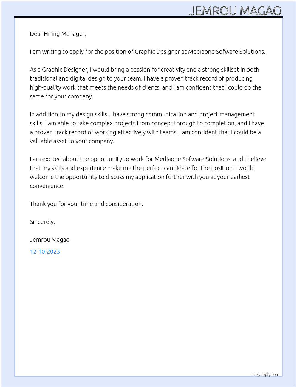 Graphic Designer  At Mediaone Sofware Solutions Cover Letter