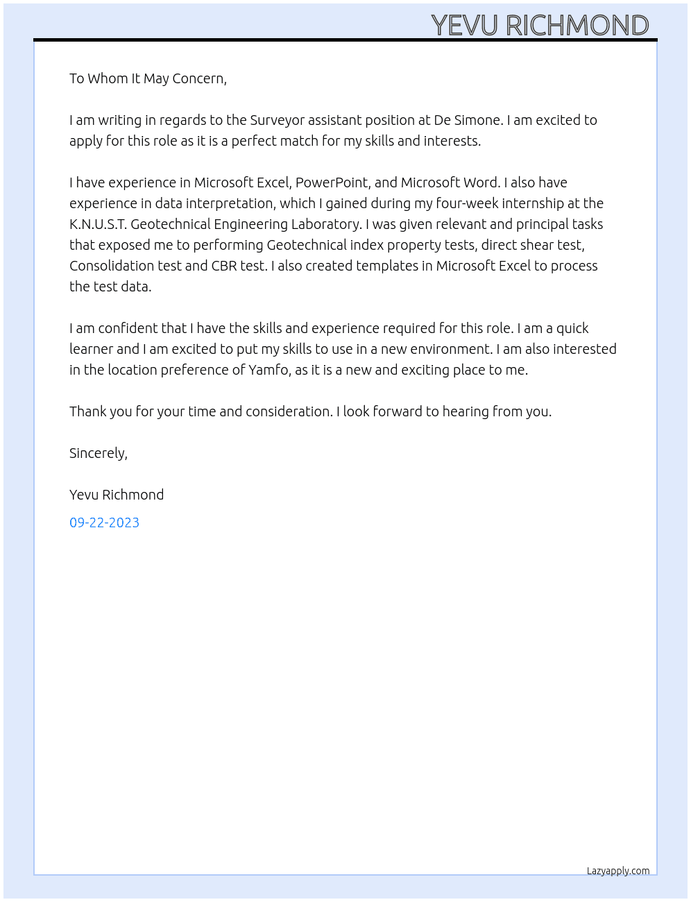 Surveyor assistant At De Simone Cover Letter