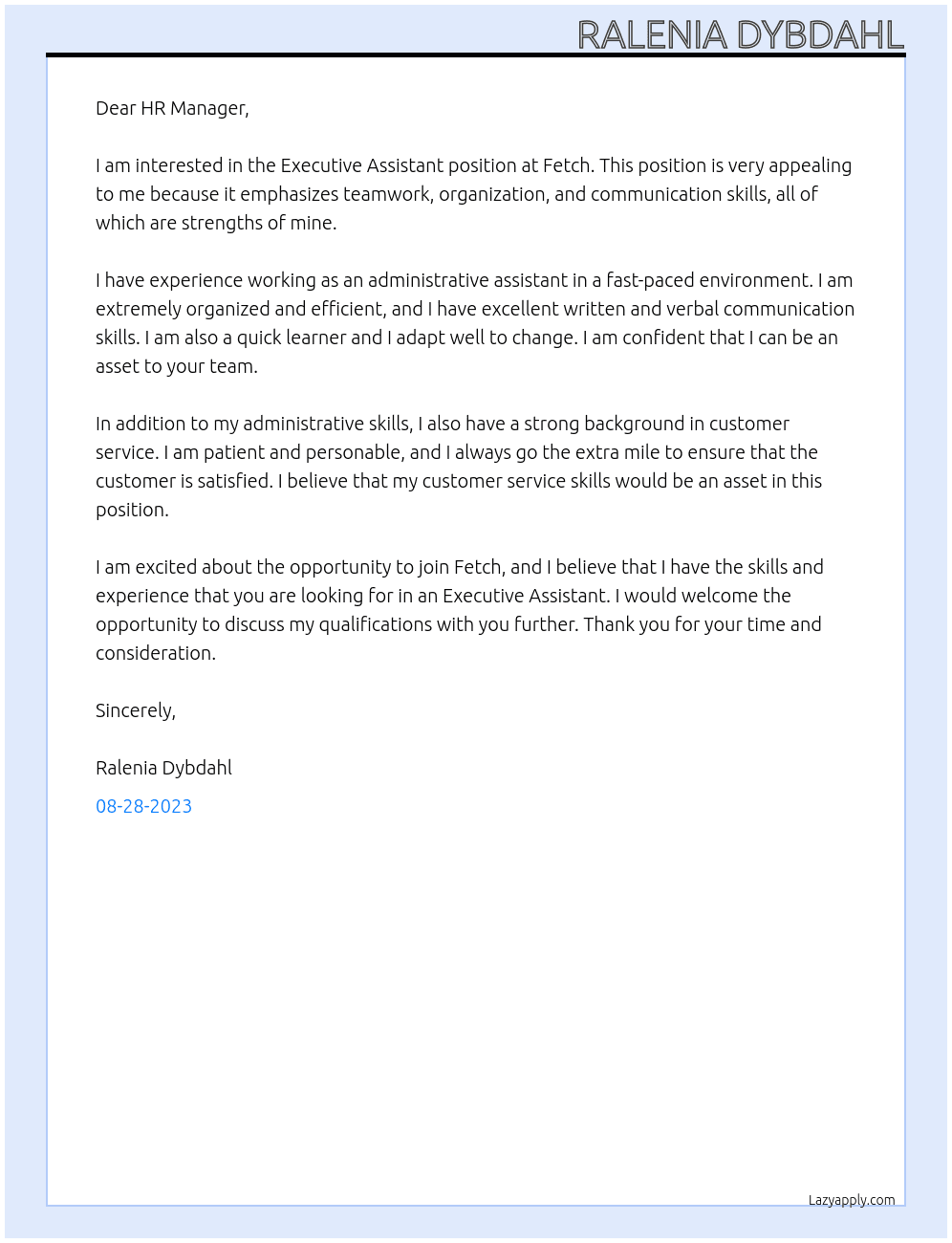 Executive Assistant At Fetch Cover Letter