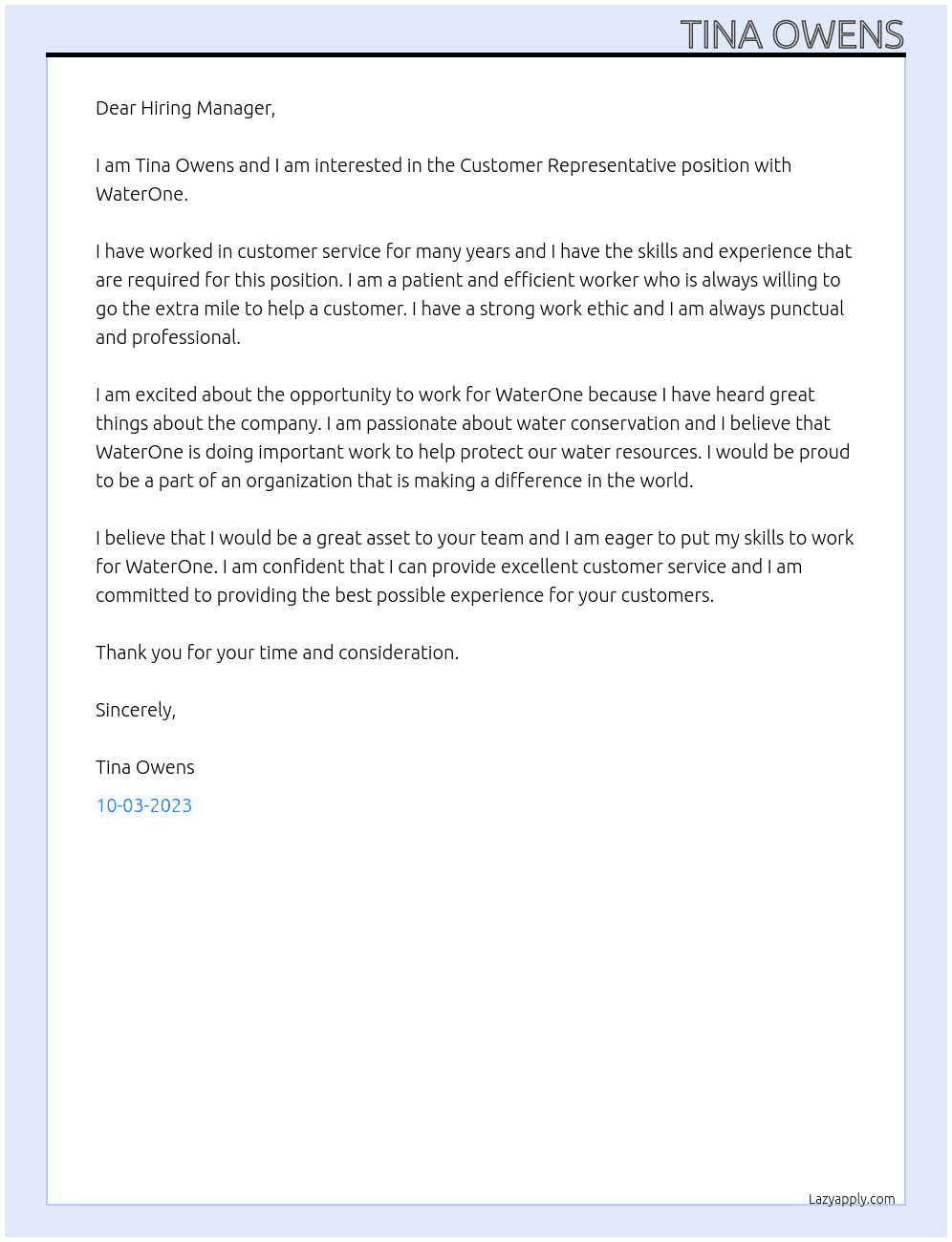 Customer Representative At WaterOne Cover Letter