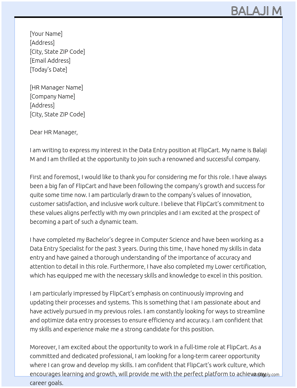 data entry At FlipCart Cover Letter