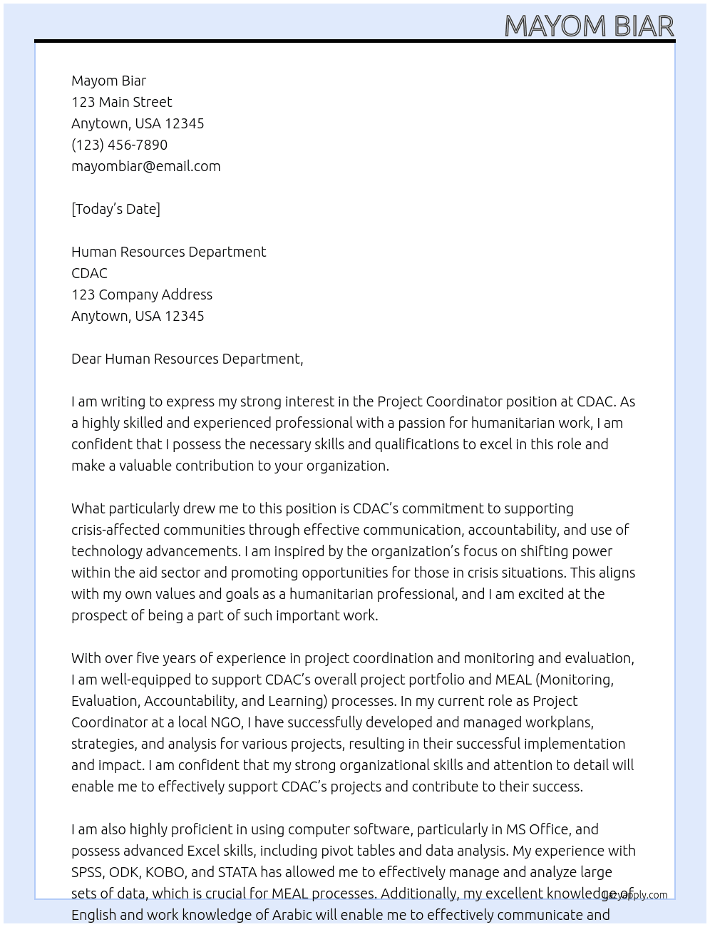 Project Coordinator At CDAC Cover Letter