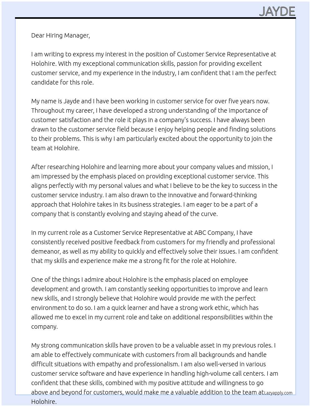 Customer service rep At Holohire Cover Letter