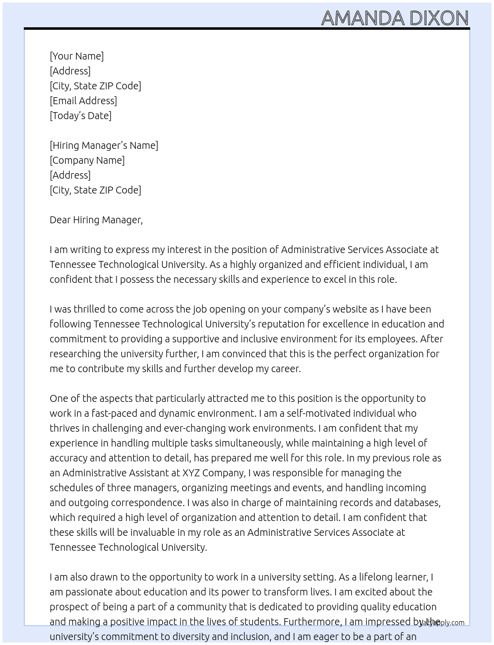 Administrative Services Associate At Tennessee Technological University Cover Letter