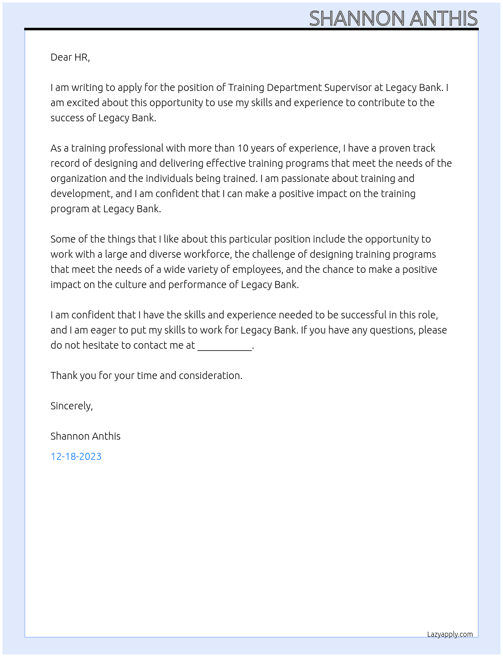 Training Department Supervisor  At Legacy Bank Cover Letter