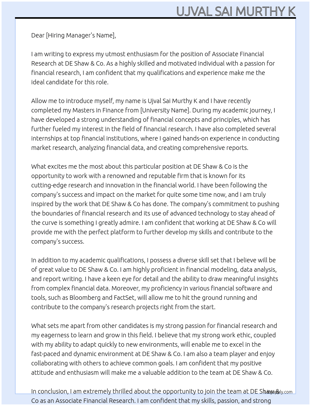 Associate Financial Research At DE Shaw & Co Cover Letter