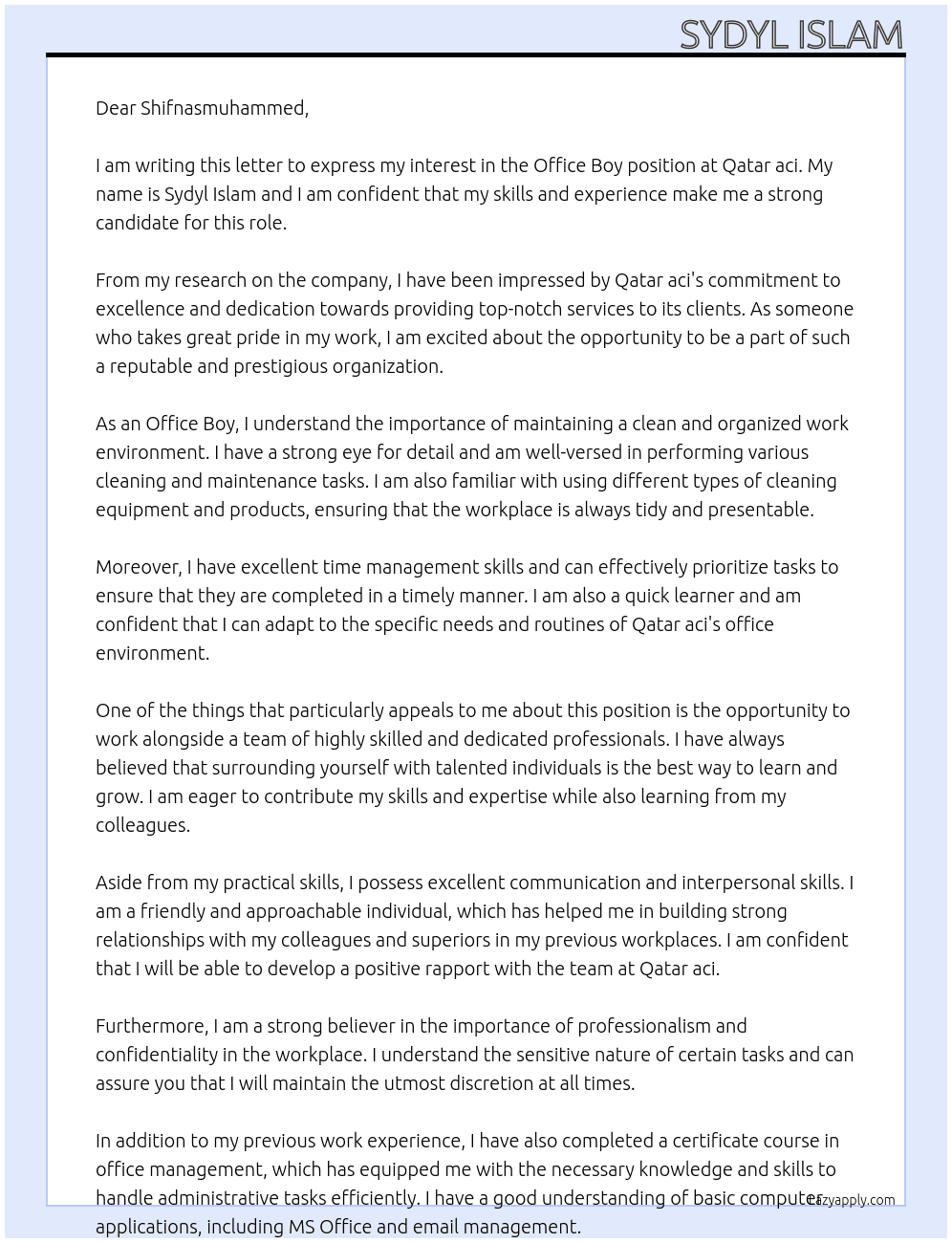 Office Boy At Qatar aci Cover Letter
