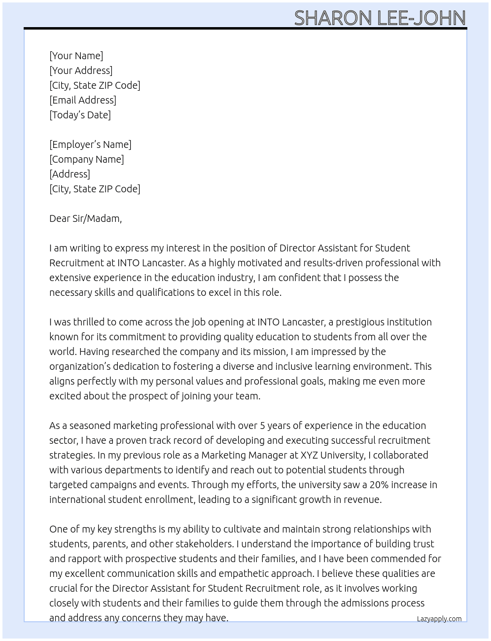 Director Assistant for Student Recruitment  At INTO Lancaster  Cover Letter