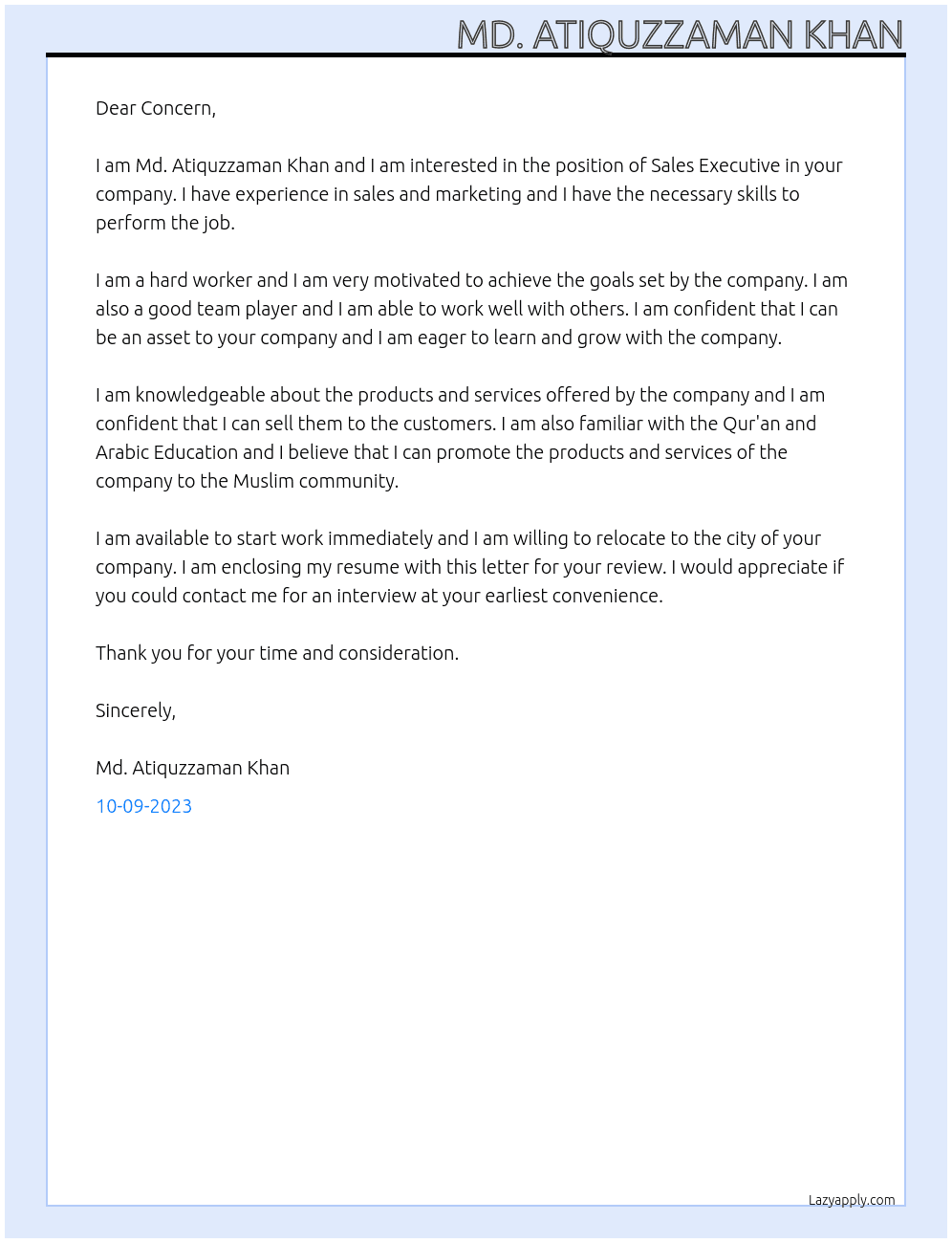 Sales Executive At Qur'an and Arabic Education Cover Letter