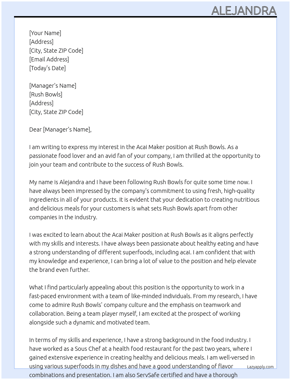 Acai maker At Rush Bowls Cover Letter