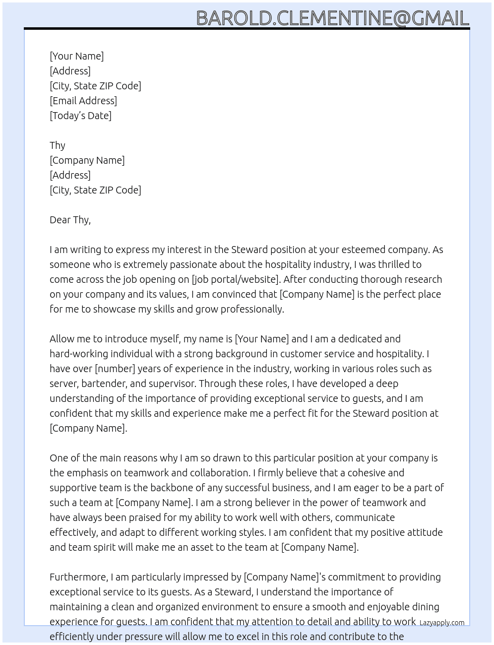 Steward At Thy Cover Letter
