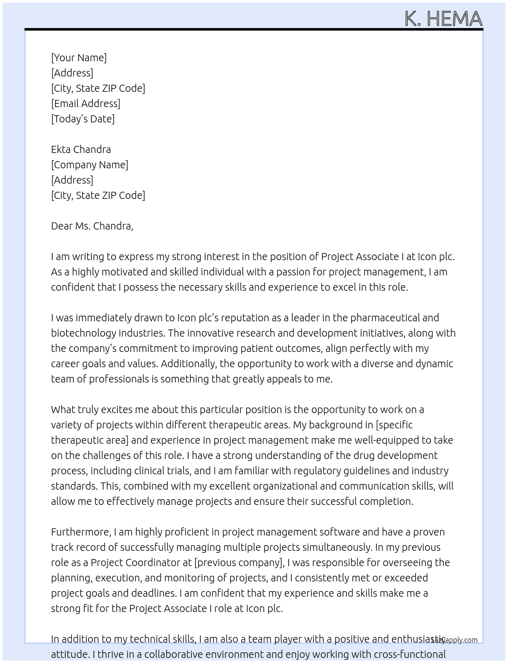 Project Associate I At icon plc Cover Letter