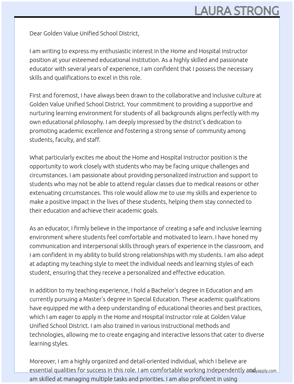 Home and Hospital Instructor At Teaching position Cover Letter