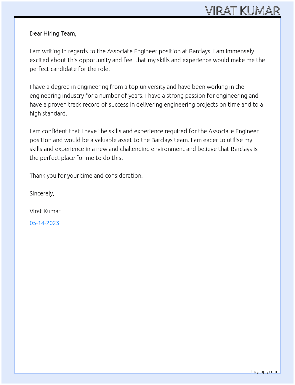 Associate engineer At Barclays Cover Letter