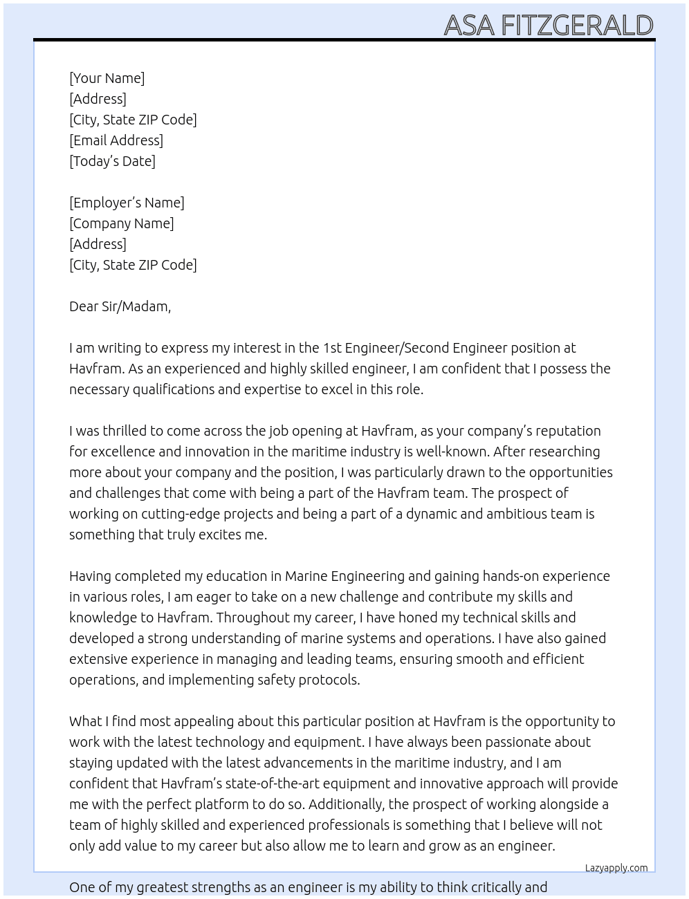 1st Engineer/ Second Engineer At Havfram Cover Letter