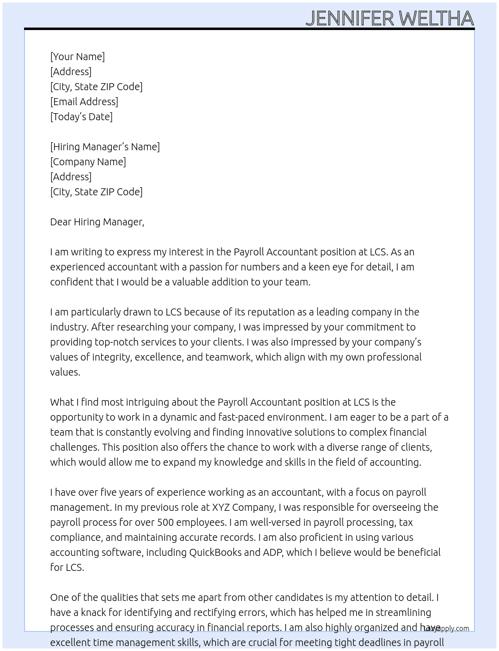 Payroll Accountant At LCS Cover Letter