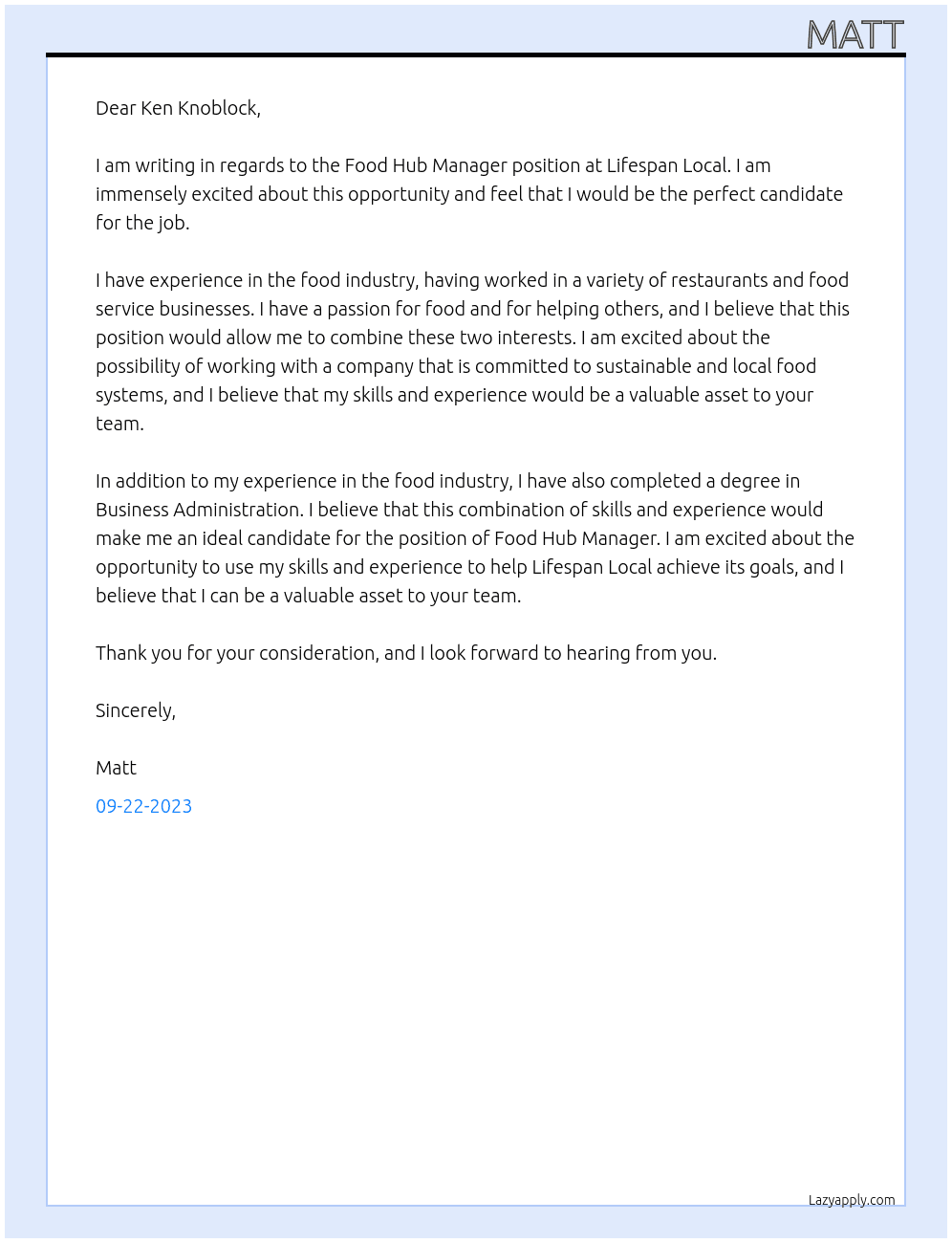 Food Hub Manager At Lifespan Local Cover Letter