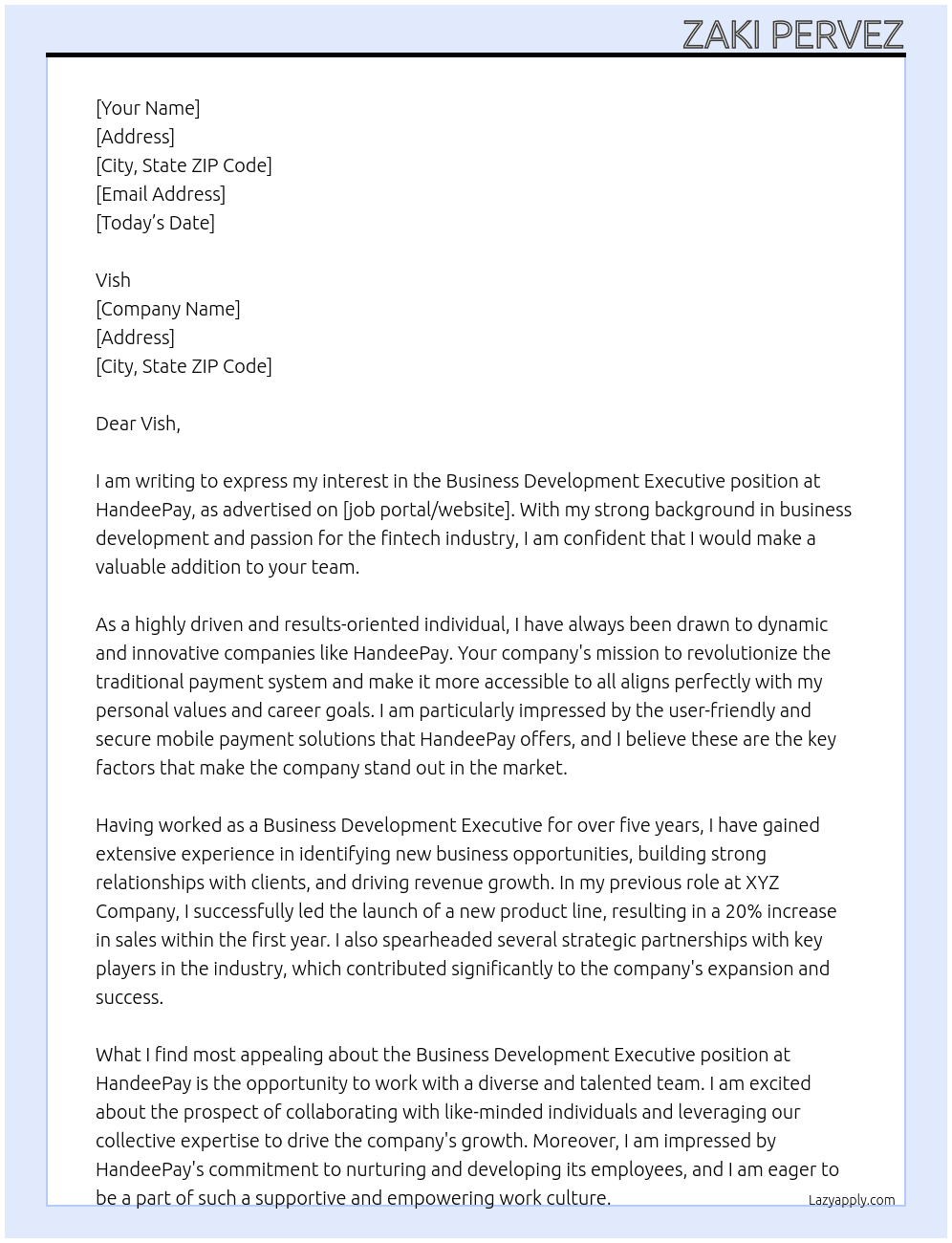 Business development executive At HandeePay Cover Letter