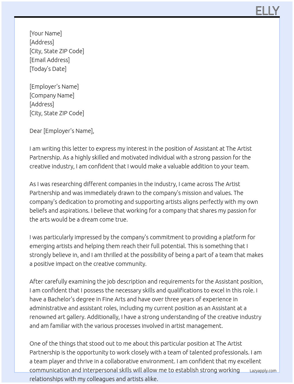 assistant  At the artist partnership  Cover Letter