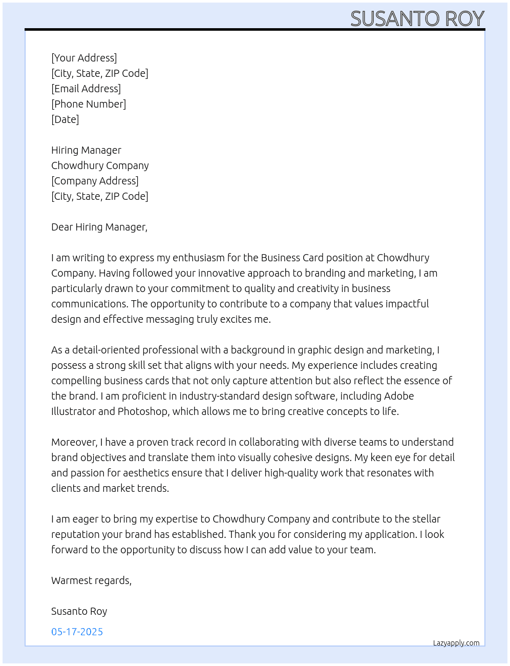 business card  At Chowdhury company Cover Letter