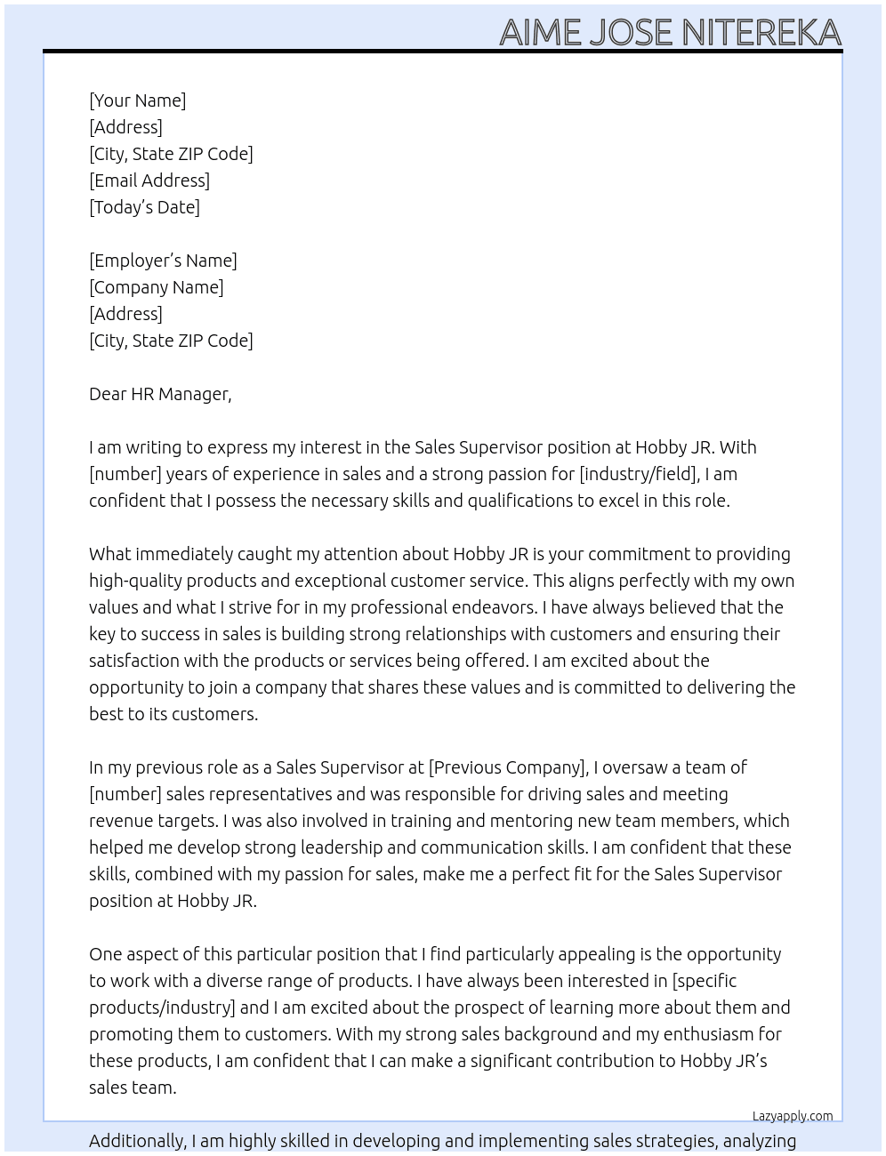 Sales supervisor At Hobby JR Cover Letter
