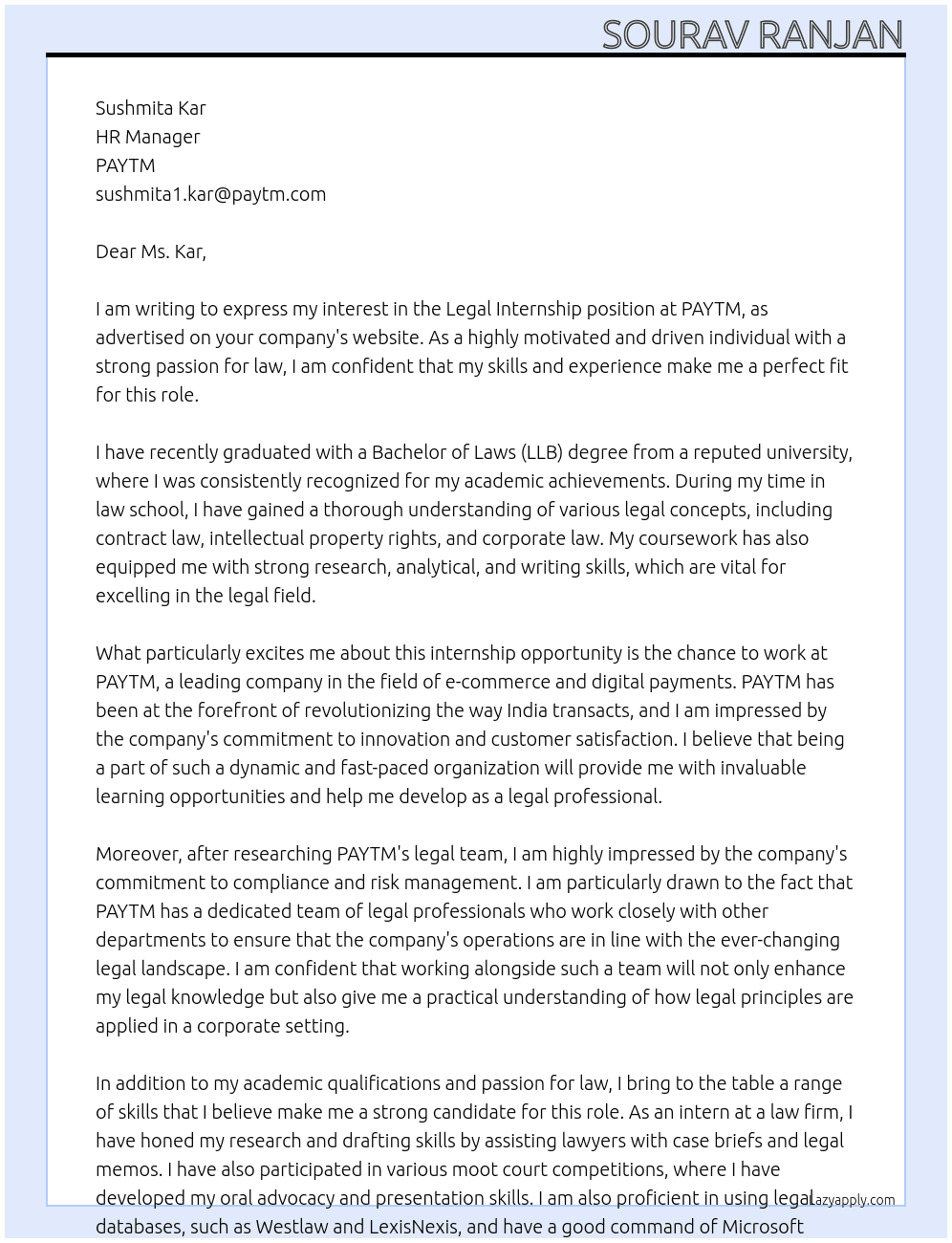 Legal Internship At PAYTM Cover Letter