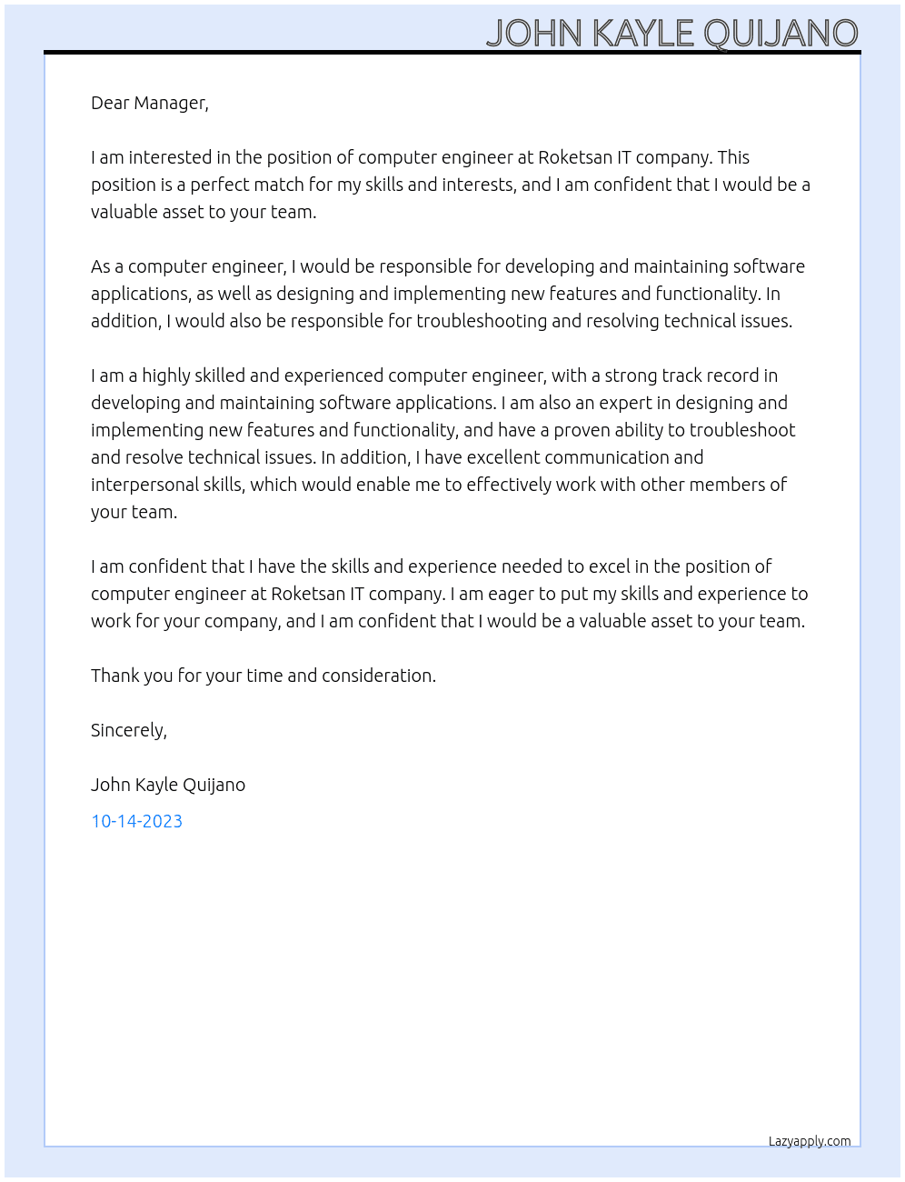 Computer engineer At Roketsan IT company Cover Letter