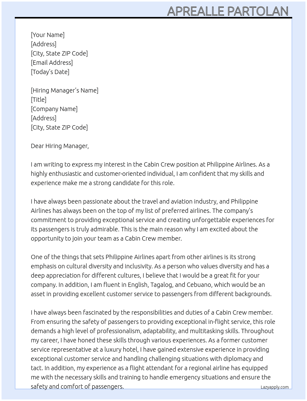 Cabin Crew  At Philippine Airlines Cover Letter