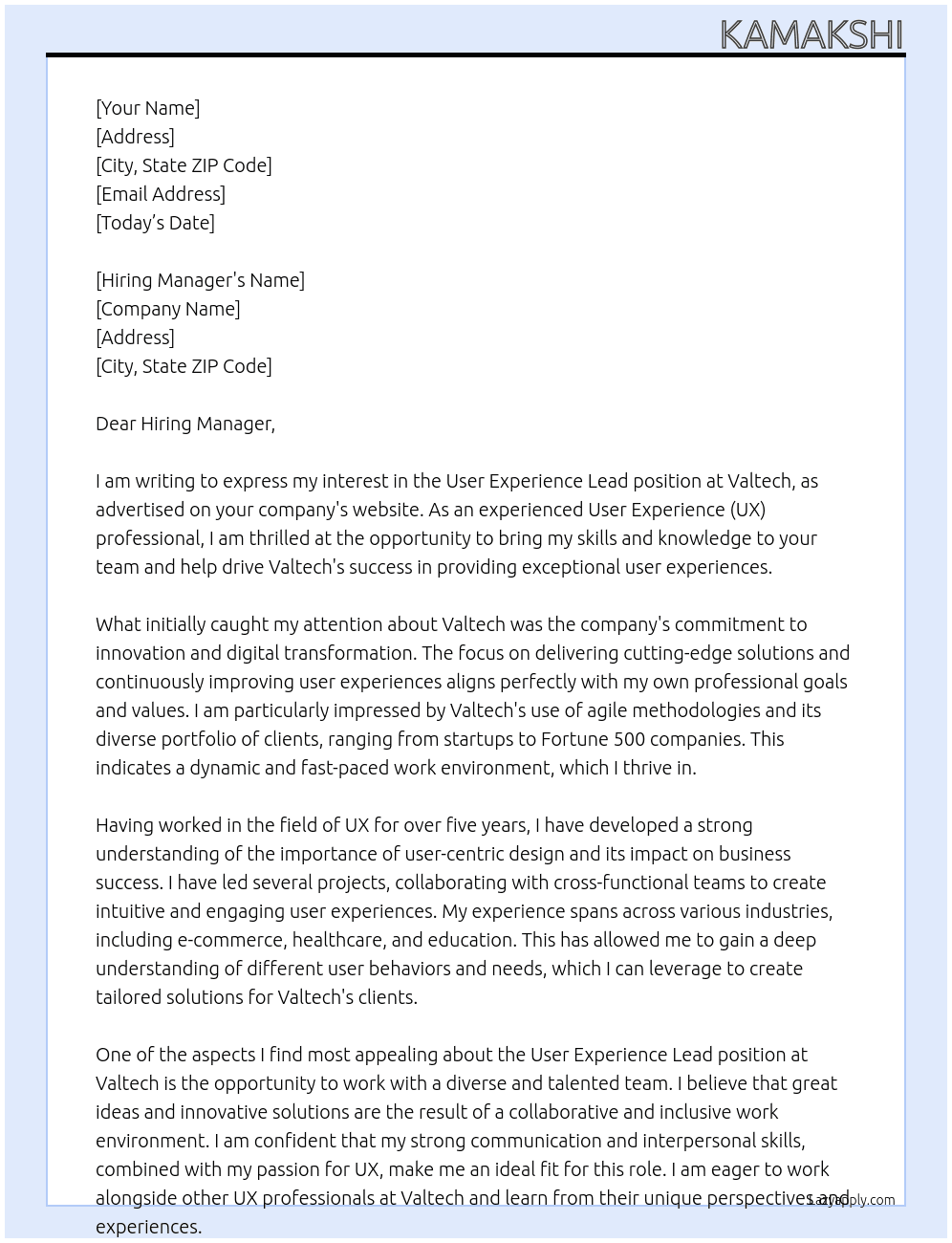 User Experience Lead At Valtech Cover Letter