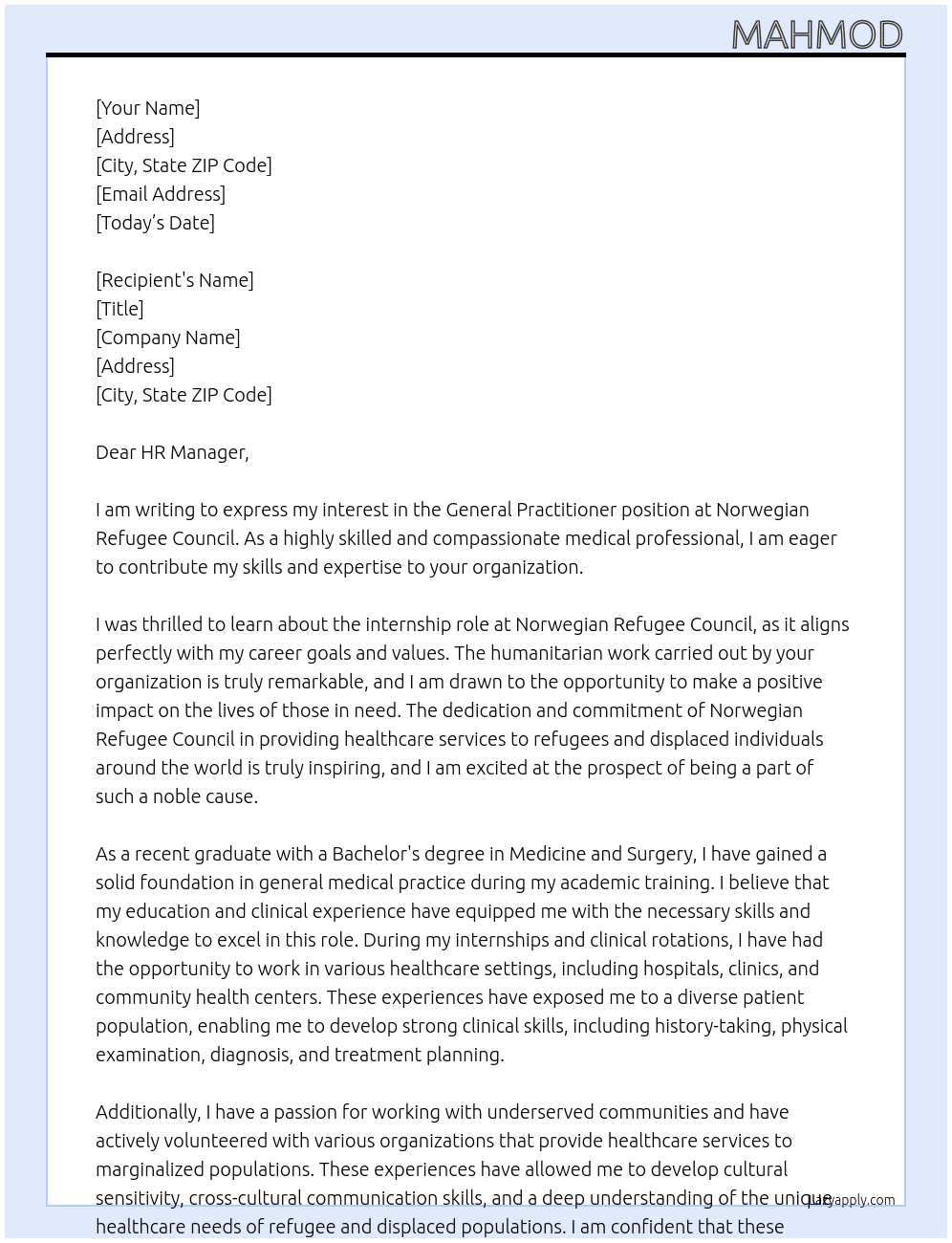 general practitioner At Norwegian Refugee Council Cover Letter